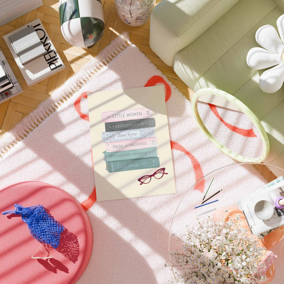 Classic Books Wall Art – Literary Stack Poster with Glasses