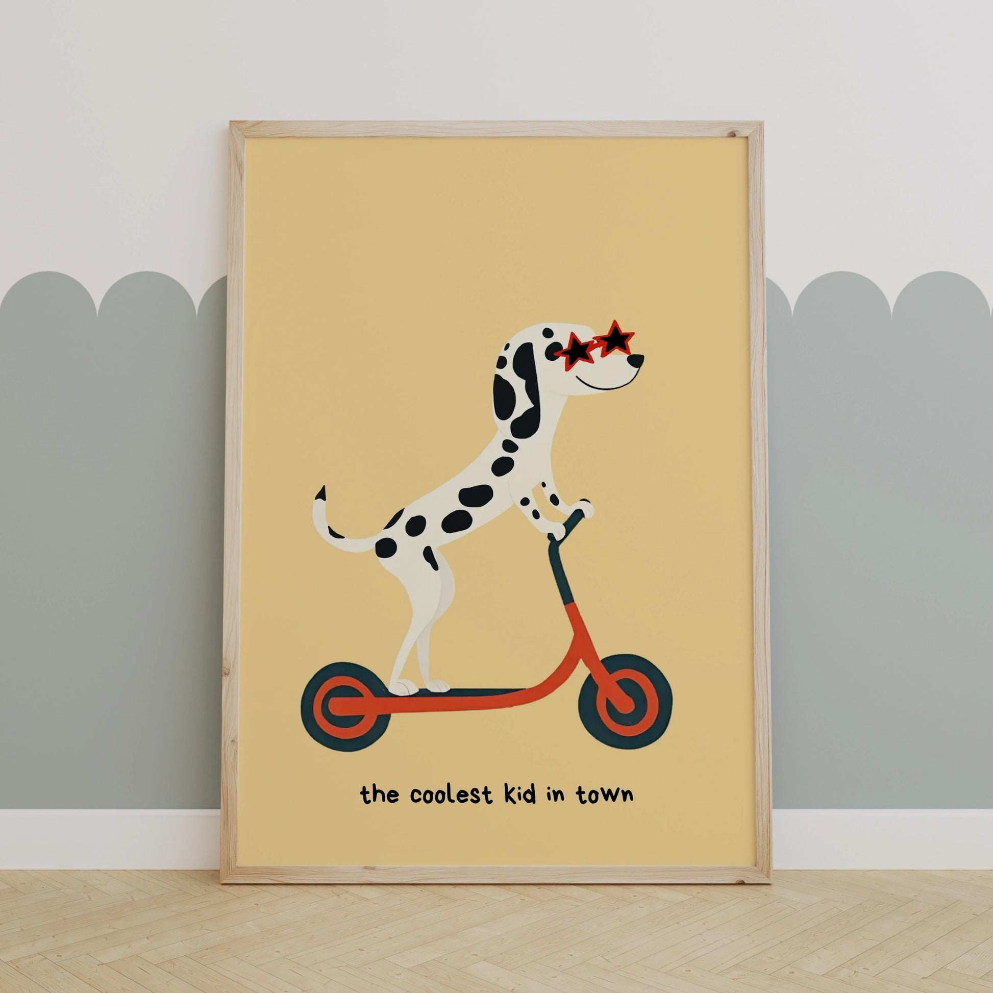 Stampa del ragazzo più cool della città, dalmata – Divertente arte murale con cane e scooter