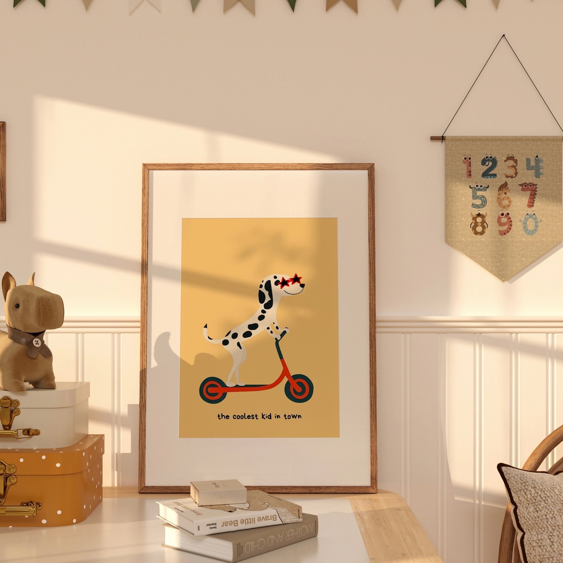 Stampa del ragazzo più cool della città, dalmata – Divertente arte murale con cane e scooter