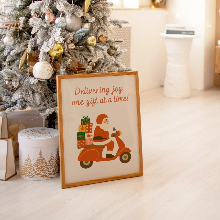 Babbo Natale sullo scooter - Stampa murale divertente per la consegna di Natale