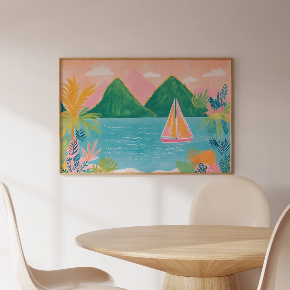 Stampa murale con barca a vela tropicale colorata - Stampa vivace di spiaggia costiera