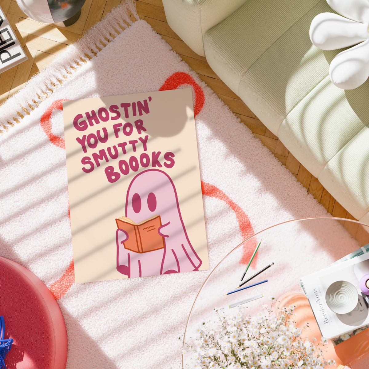 Smutty Books Print – Funny Pink Ghost Wall Art