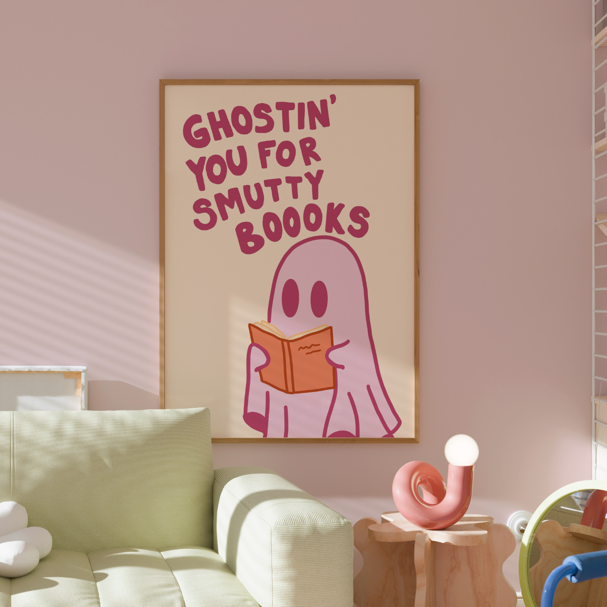 Smutty Books Print – Funny Pink Ghost Wall Art