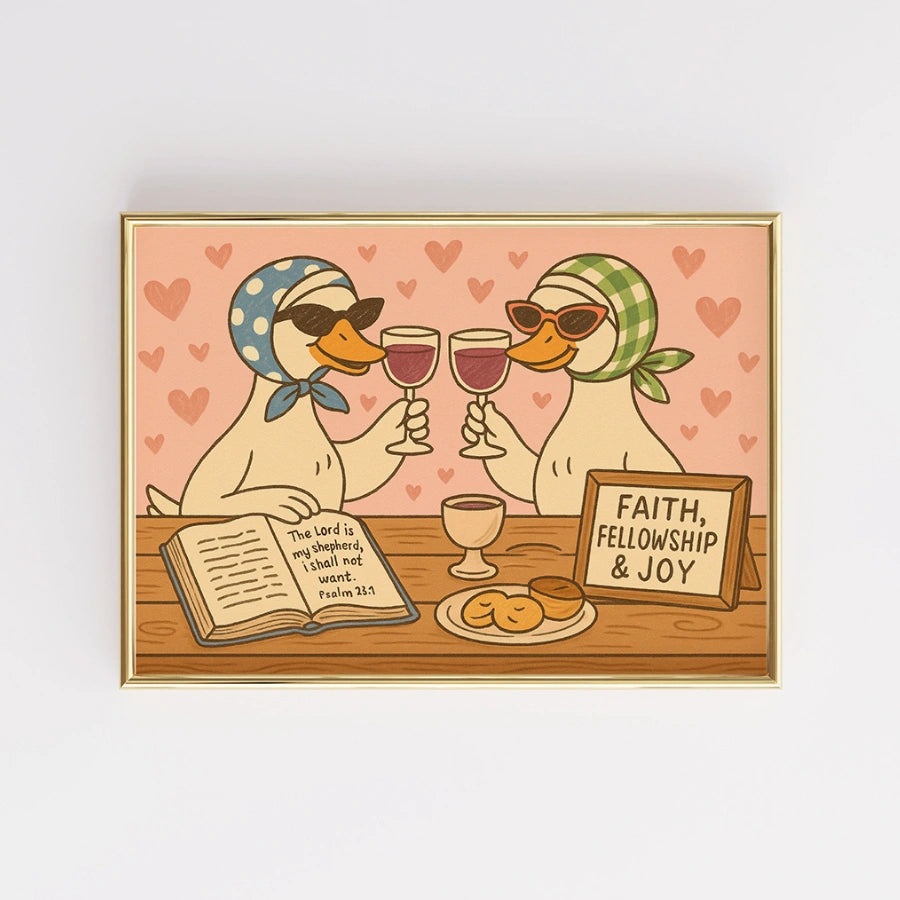 Biblische Enten trinken Wein – Lustiges christliches Wandbild