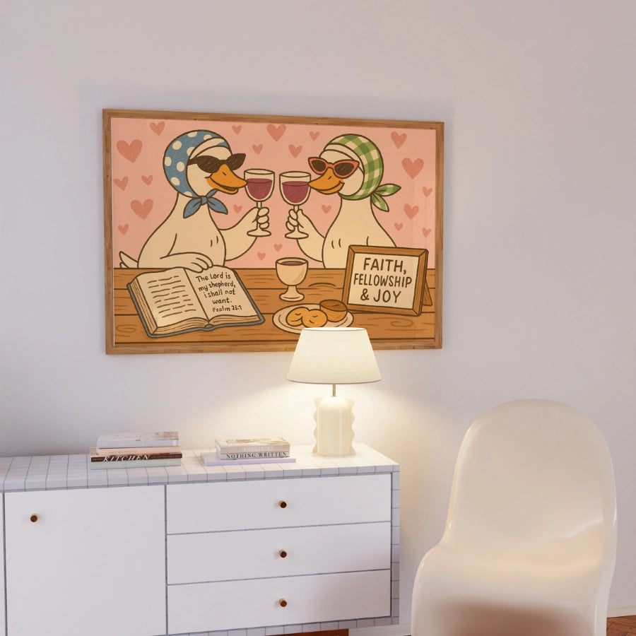 Biblische Enten trinken Wein – Lustiges christliches Wandbild