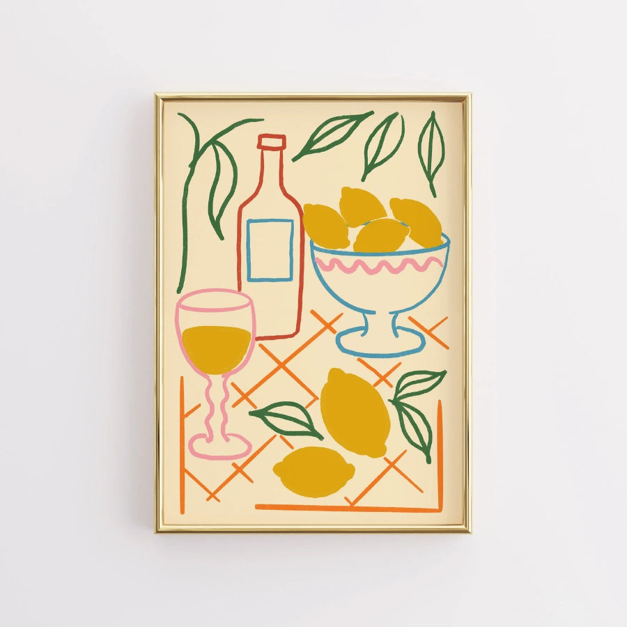 Natura morta con limone, arte murale boho – scena di tavolo mediterraneo 