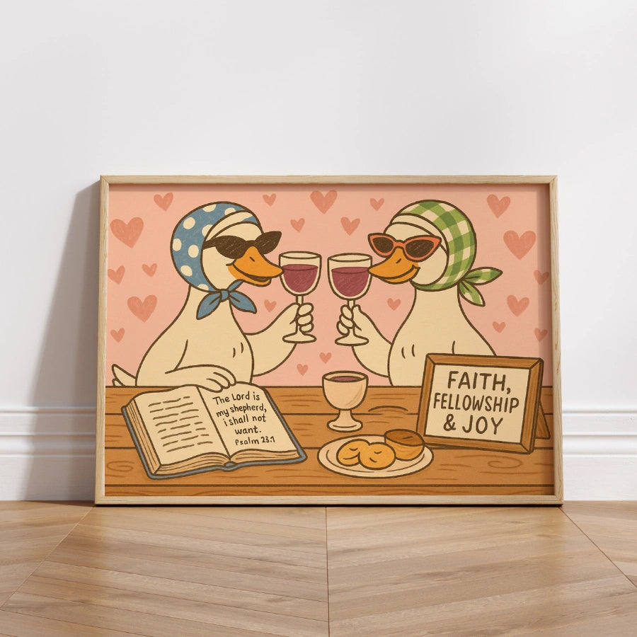 Biblische Enten trinken Wein – Lustiges christliches Wandbild