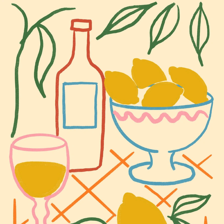 Natura morta con limone, arte murale boho – scena di tavolo mediterraneo 