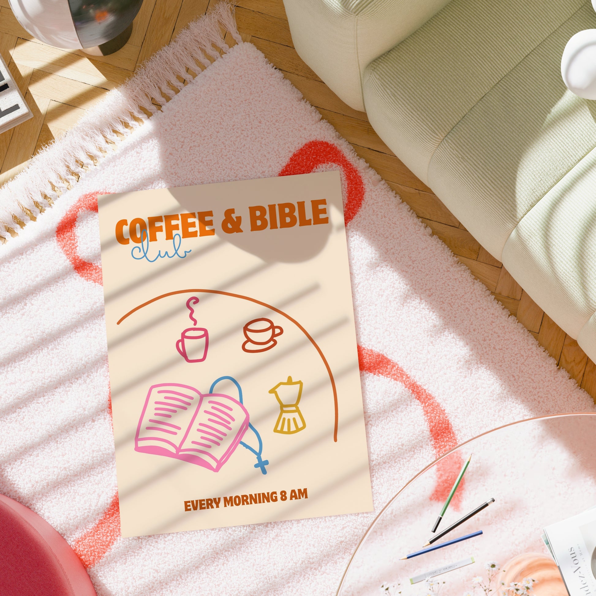 Wandbild für Kaffee- und Bibelclub – Christliche Morgenroutine