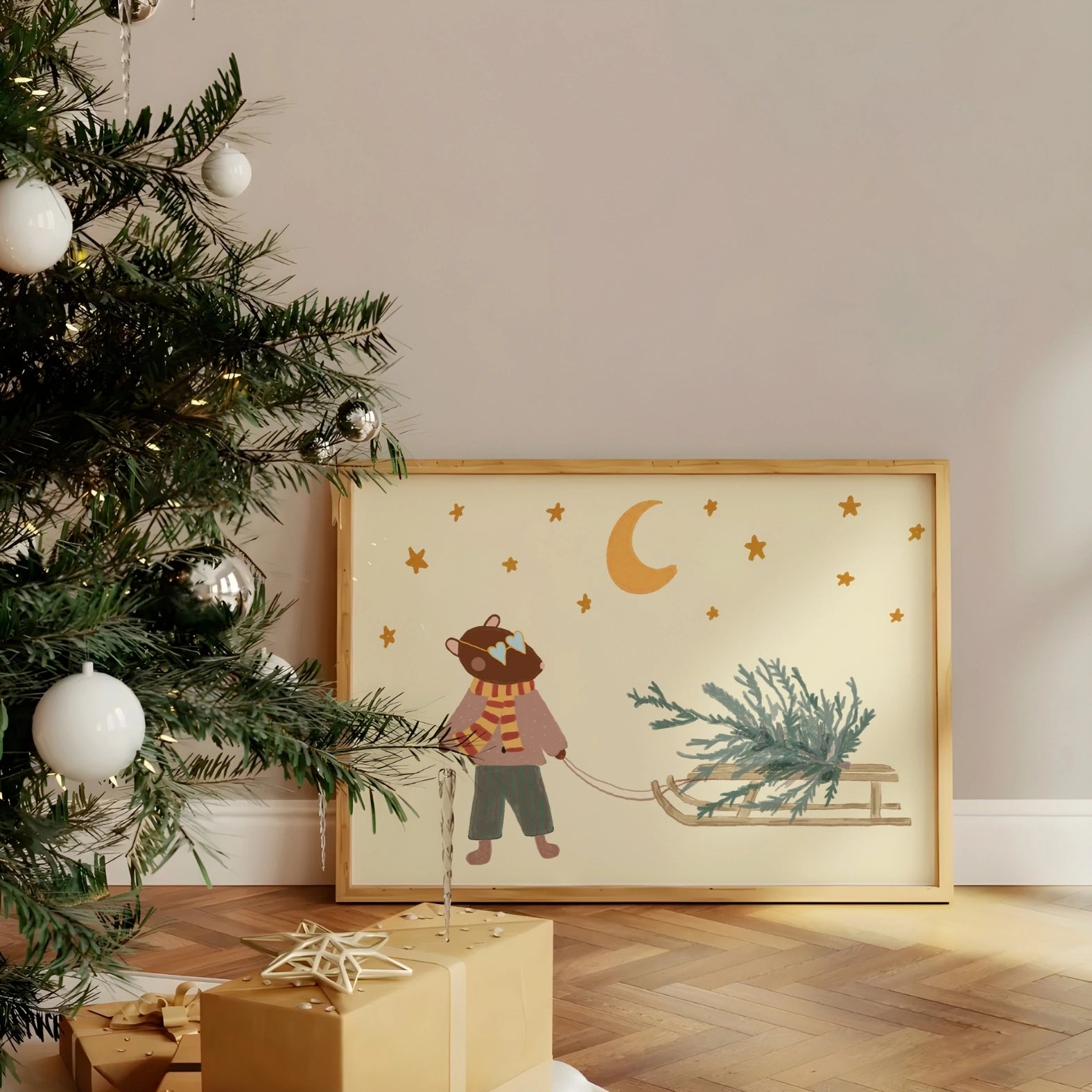 Bear with Christmas Tree Print