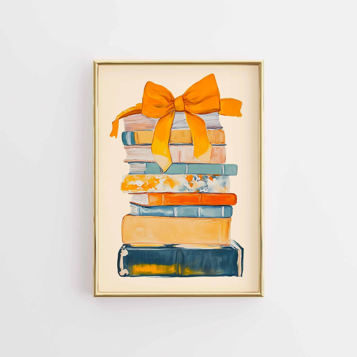Bücherstapel mit orangefarbener Schleife – Farbenfrohe Wanddekoration für Bücherliebhaber