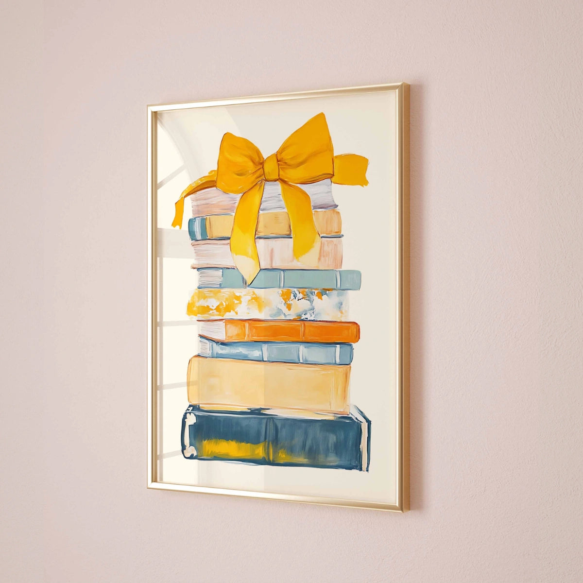 Bücherstapel mit orangefarbener Schleife – Farbenfrohe Wanddekoration für Bücherliebhaber