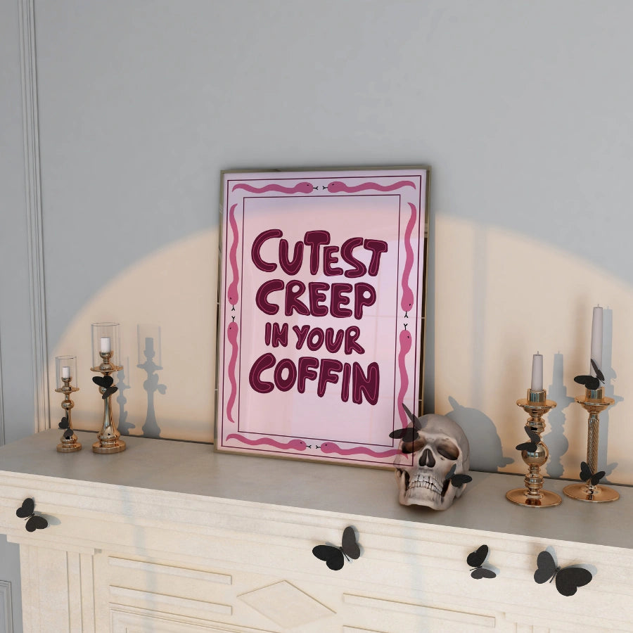 Playful Coffin Quote Print – Pink Halloween Wall Art