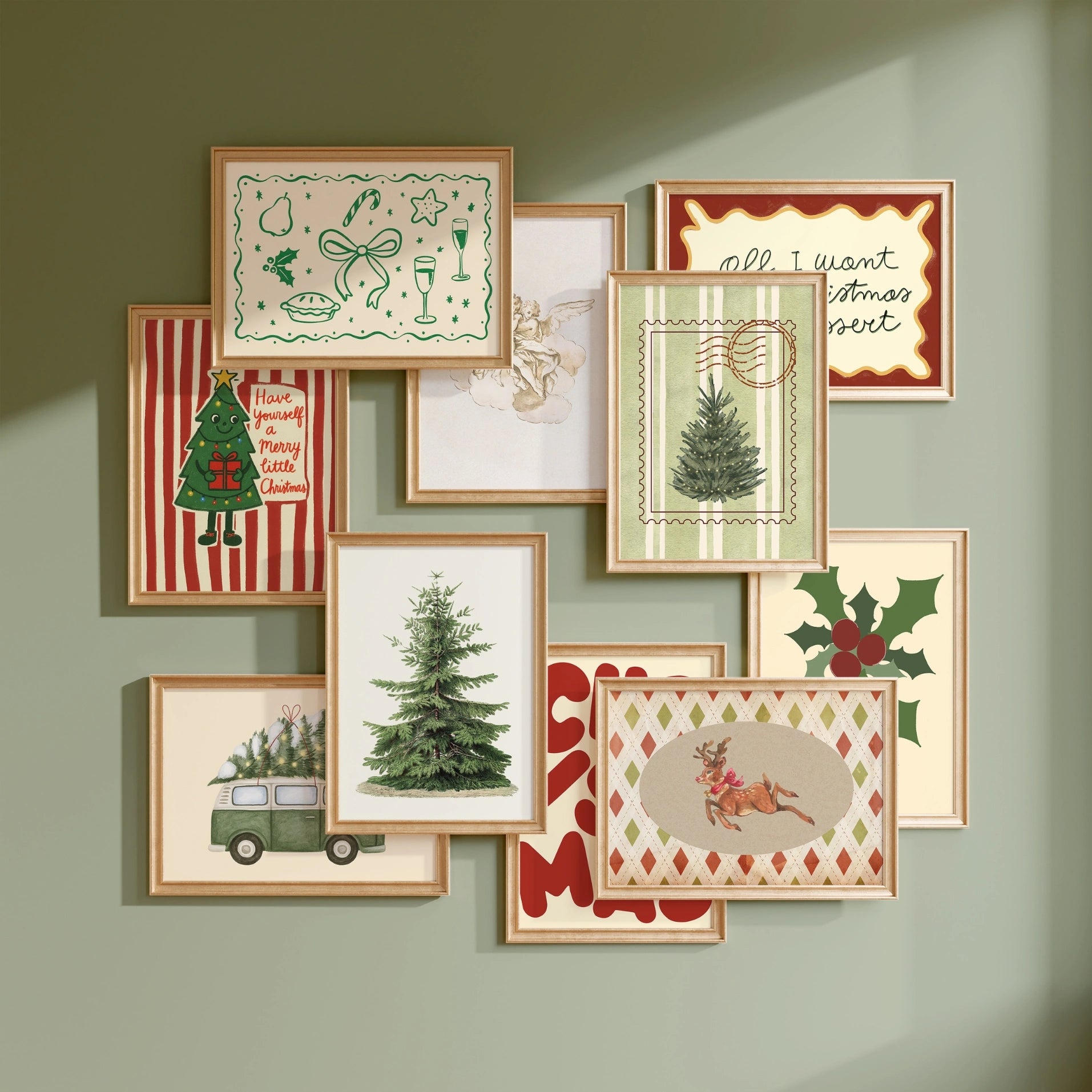 Hand-Drawn Vintage Christmas Set of 18 Prints
