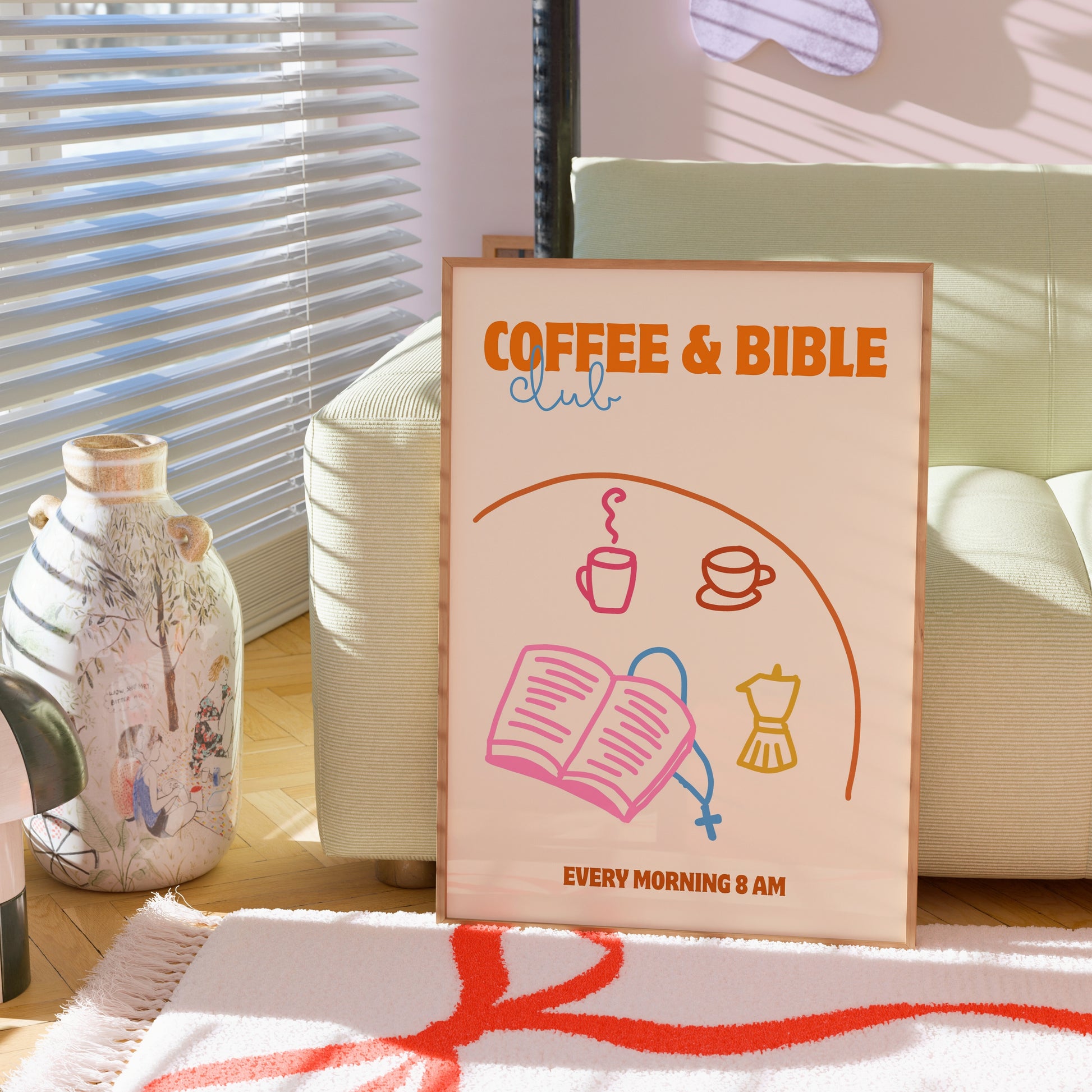Wandbild für Kaffee- und Bibelclub – Christliche Morgenroutine