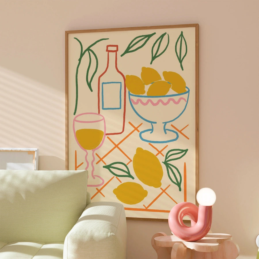 Natura morta con limone, arte murale boho – scena di tavolo mediterraneo 