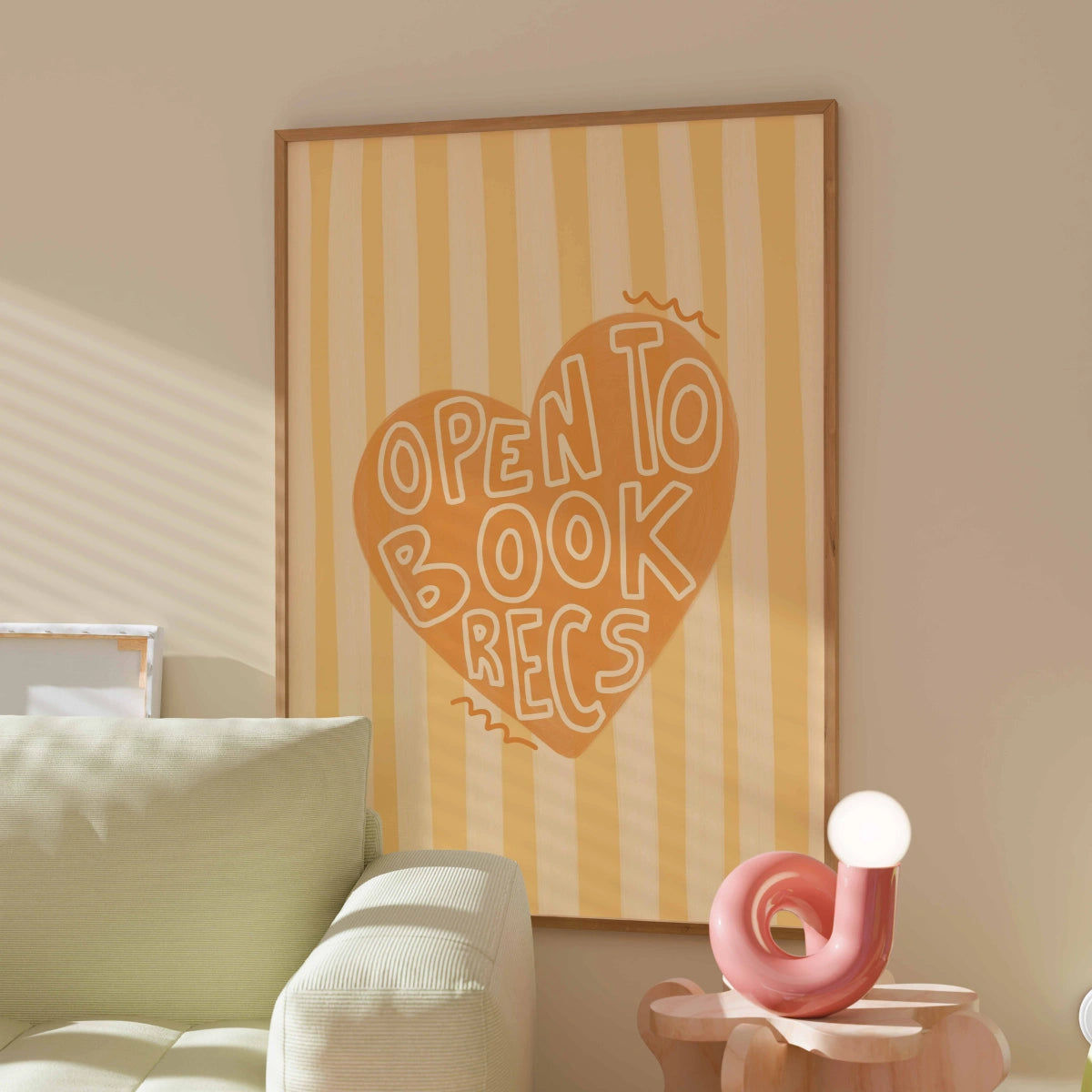 „Offen für Buchempfehlungen“-Druck – Niedliche Wanddeko für Bücherliebhaber