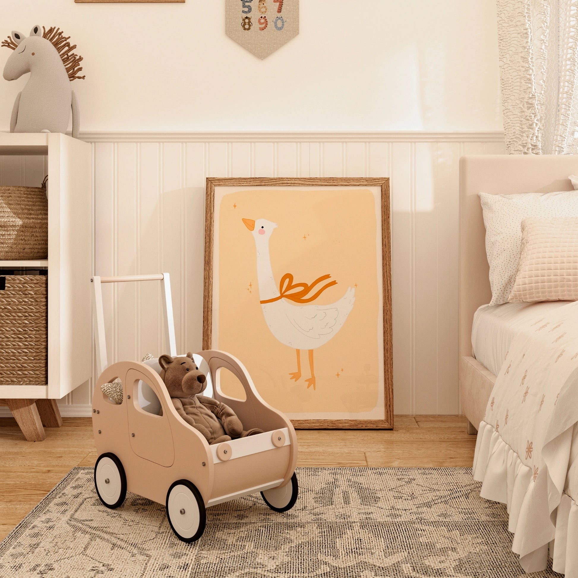 Goose Wall Art with Orange Bow - Whimsical Animal Print for Kids Room