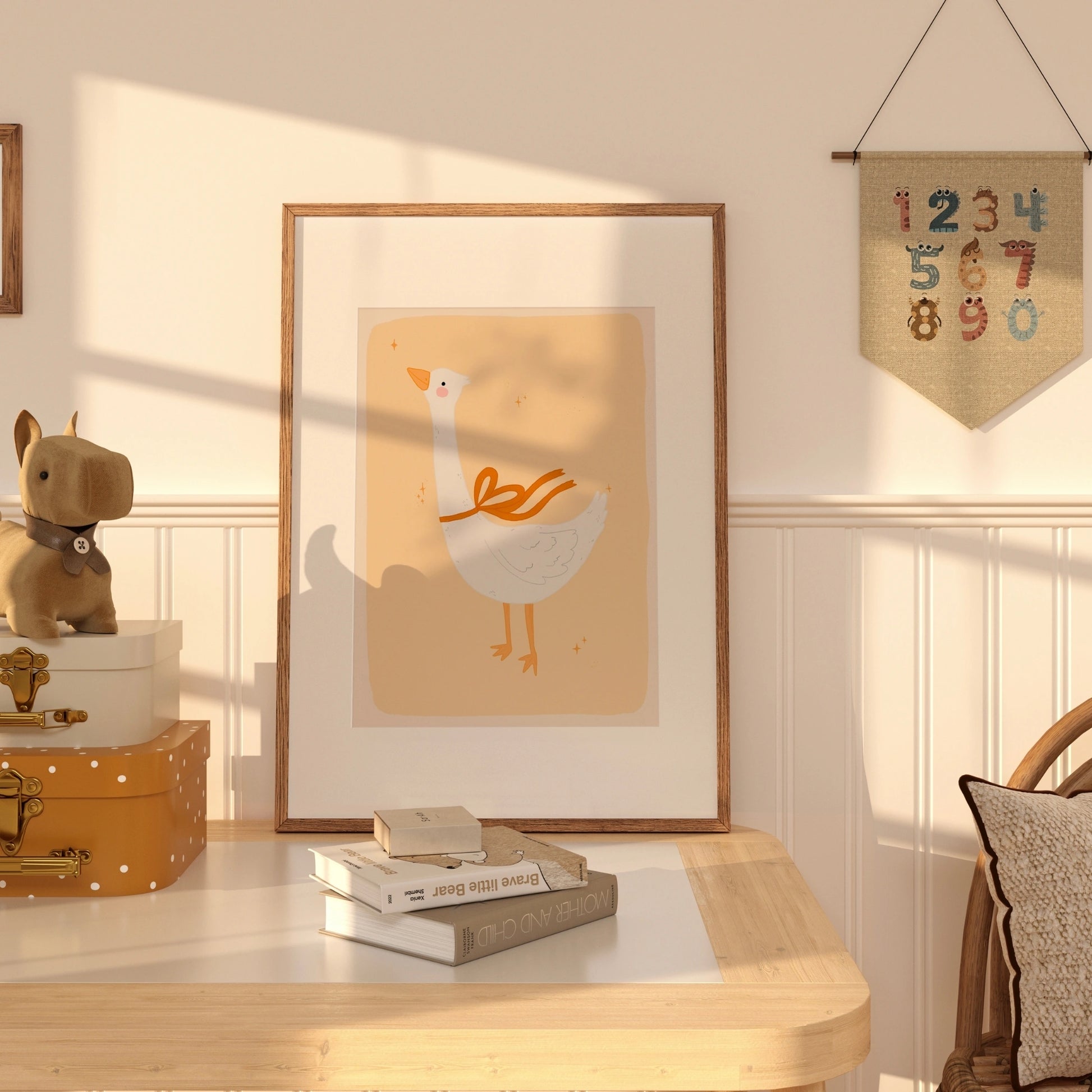 Goose Wall Art with Orange Bow - Whimsical Animal Print for Kids Room