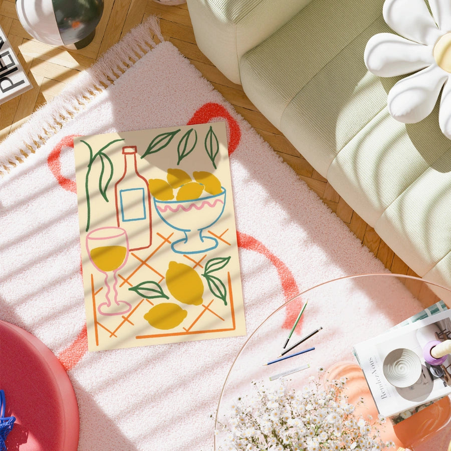 Natura morta con limone, arte murale boho – scena di tavolo mediterraneo 