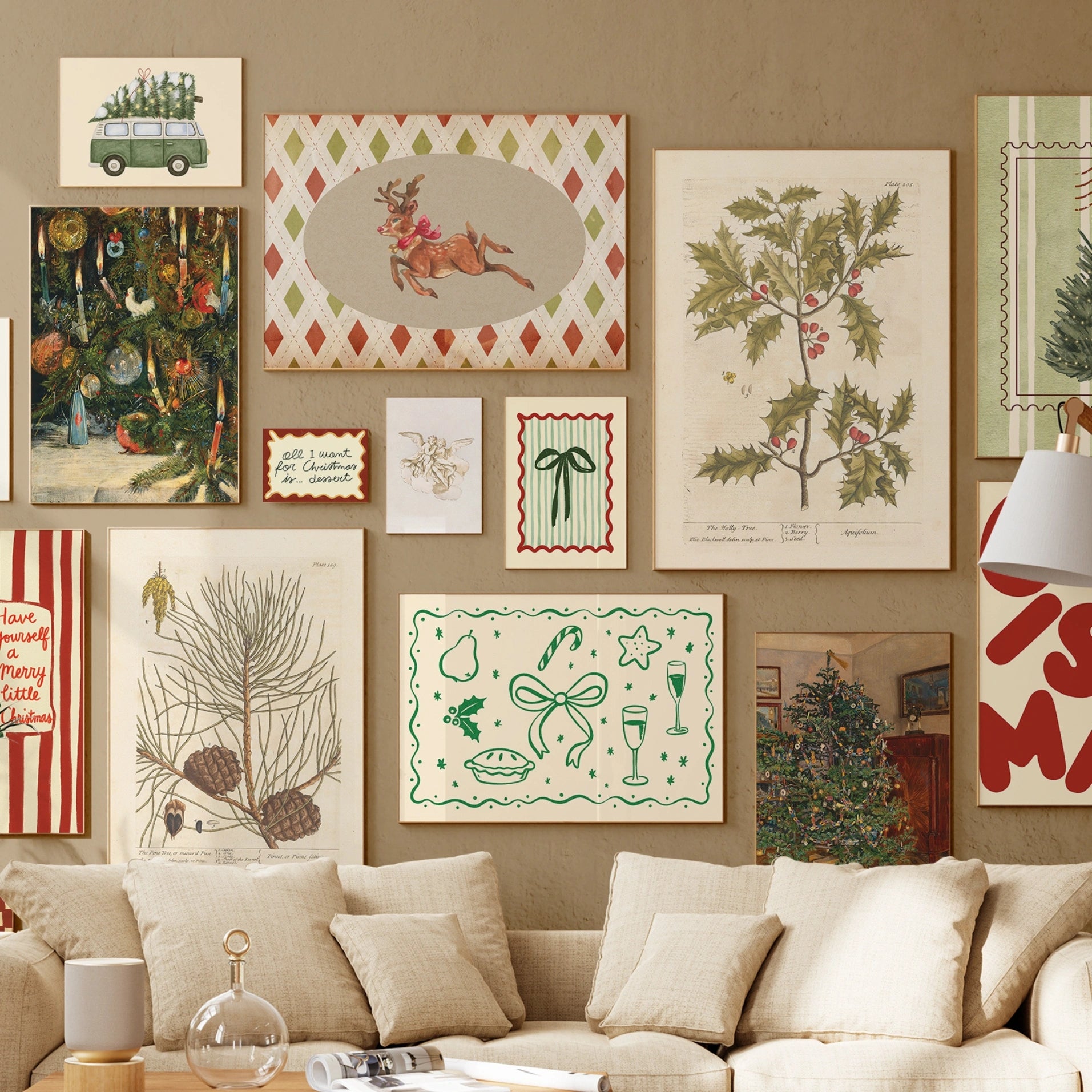 Hand-Drawn Vintage Christmas Set of 18 Prints