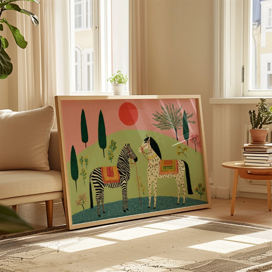 Boho-Wandbild mit Zebra und Pferd – Farbenfroher Tierdruck im Bohème-Stil 