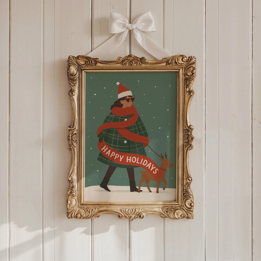 Happy Holidays Wall Art – Trendy Christmas Woman Print