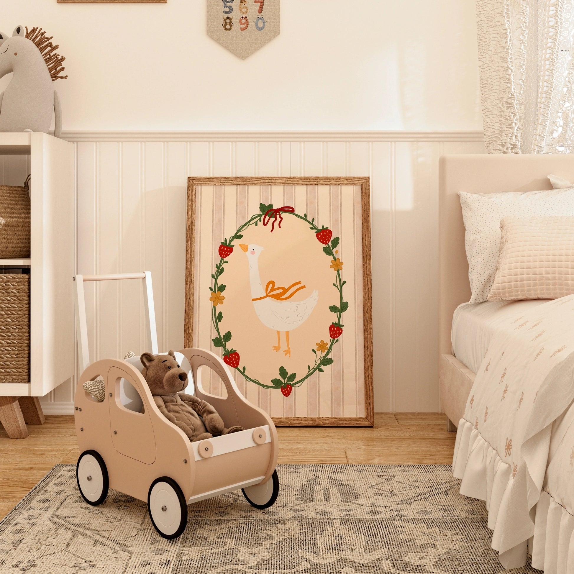 Goose and Strawberry Wall Art - Cottagecore Nursery Print