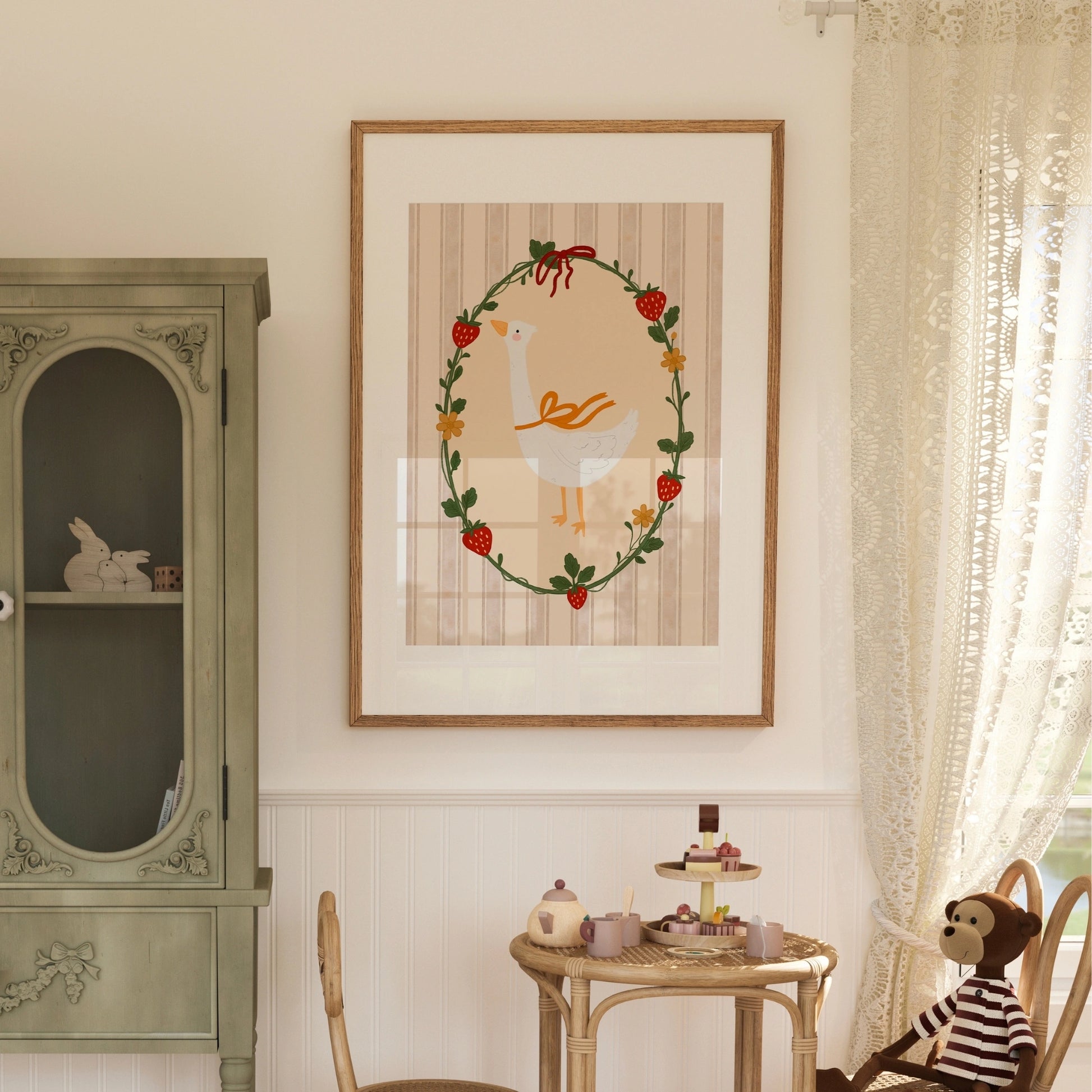 Goose and Strawberry Wall Art - Cottagecore Nursery Print