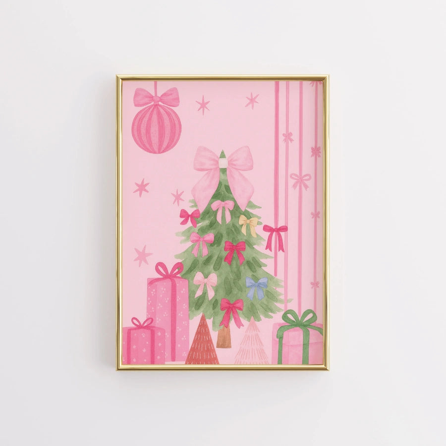 Pink Christmas Tree – Cute Holiday Wall Art with Bows and Gifts