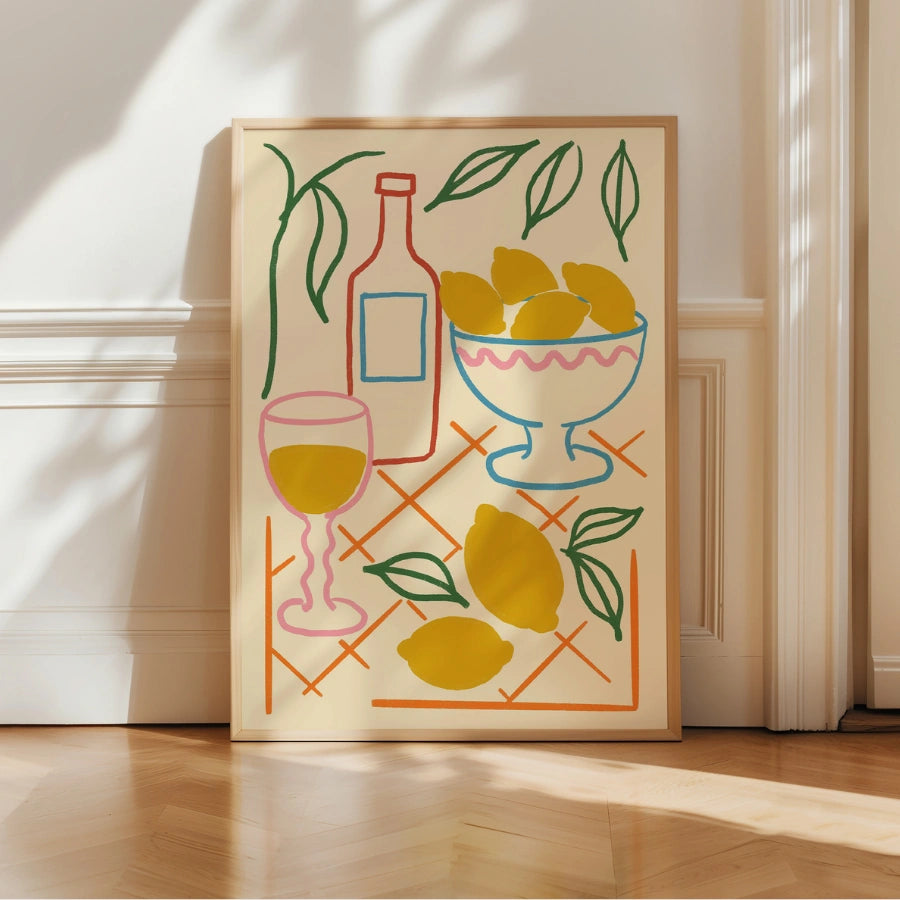 Natura morta con limone, arte murale boho – scena di tavolo mediterraneo 