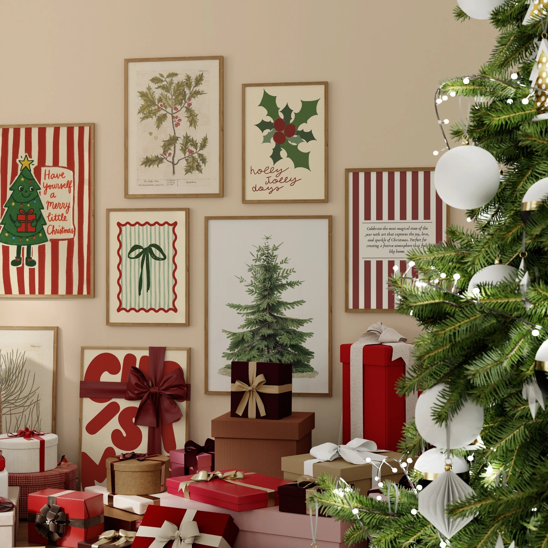 Hand-Drawn Vintage Christmas Set of 18 Prints