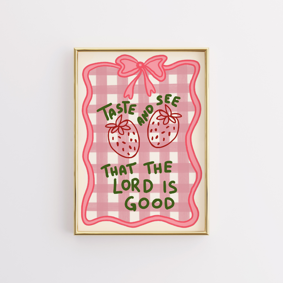 Taste and See Christian Wall Art – Cute Strawberry Bible Verse Print