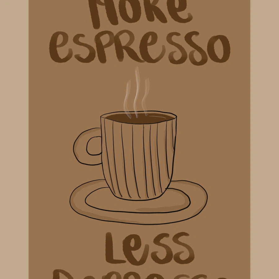 Witziges Kaffee-Wandbild – Spruch „Mehr Espresso, weniger Depression“