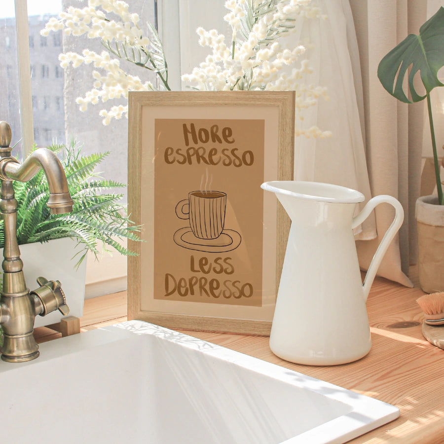 Witziges Kaffee-Wandbild – Spruch „Mehr Espresso, weniger Depression“