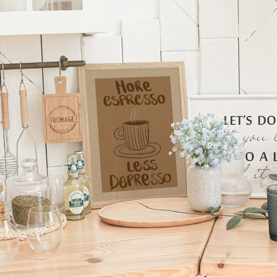 Witziges Kaffee-Wandbild – Spruch „Mehr Espresso, weniger Depression“