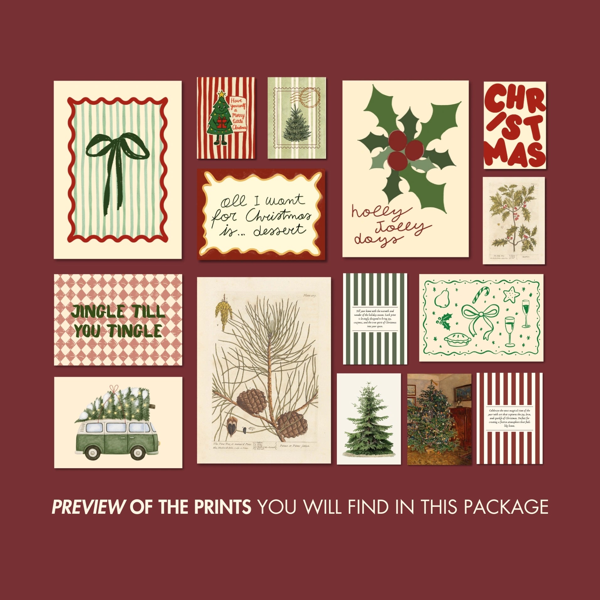 Hand-Drawn Vintage Christmas Set of 18 Prints