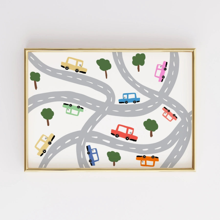 Autos auf der Straße – Niedliches Fahrzeug-Wandbild für Kinder