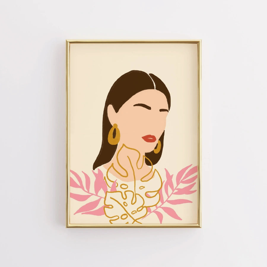 Golden Muse Boho Wall Art – Ritratto botanico femminile 