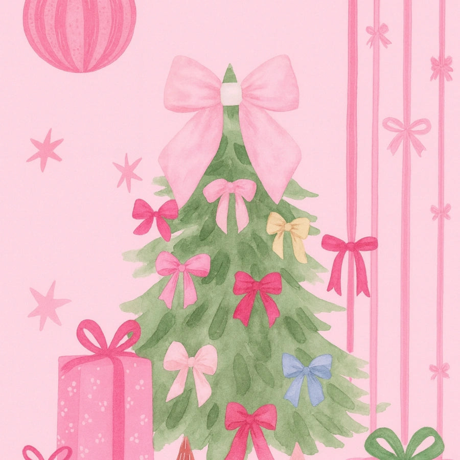 Pink Christmas Tree – Cute Holiday Wall Art with Bows and Gifts