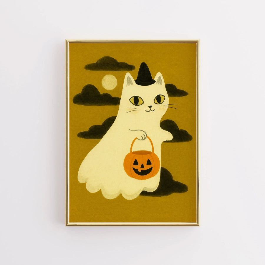 Ghost Cat Halloween Print – Cute Witch Kitty Wall Art