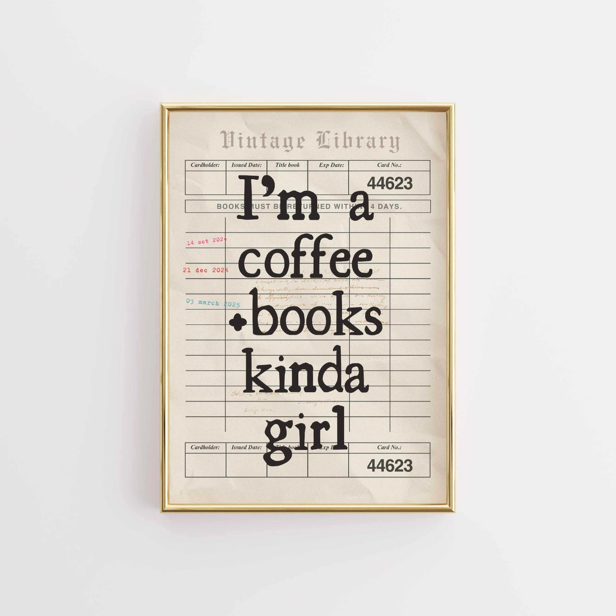 Kunstdruck „Mädchen mit Kaffee und Büchern“ – Vintage-Bibliothekswandbild