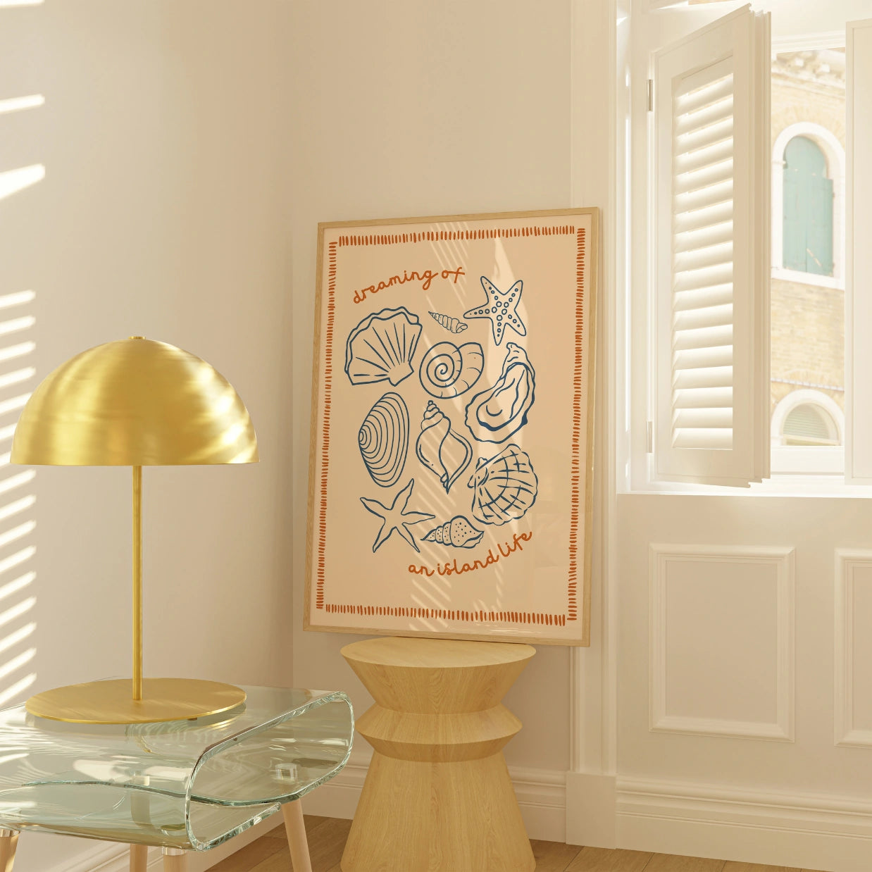 Muschelmotiv „Inselleben“ – Pfirsichfarbene Küstenwandkunst