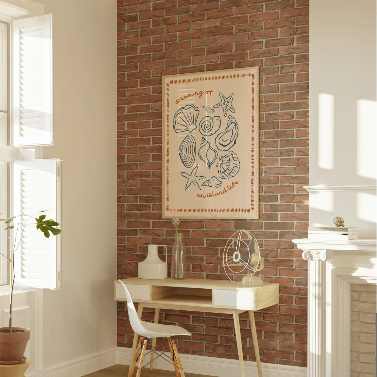 Muschelmotiv „Inselleben“ – Pfirsichfarbene Küstenwandkunst