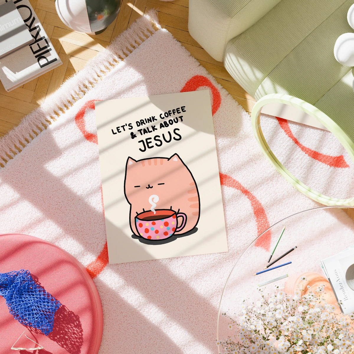 Coffee and Jesus Print – Christian Cat Wall Art