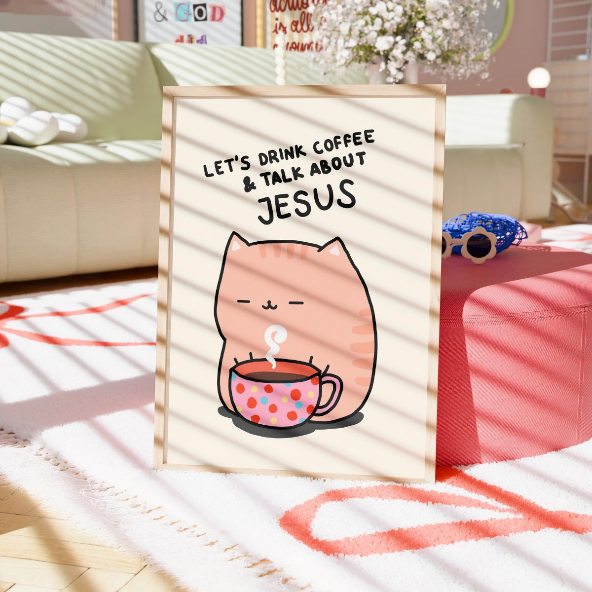 Coffee and Jesus Print – Christian Cat Wall Art