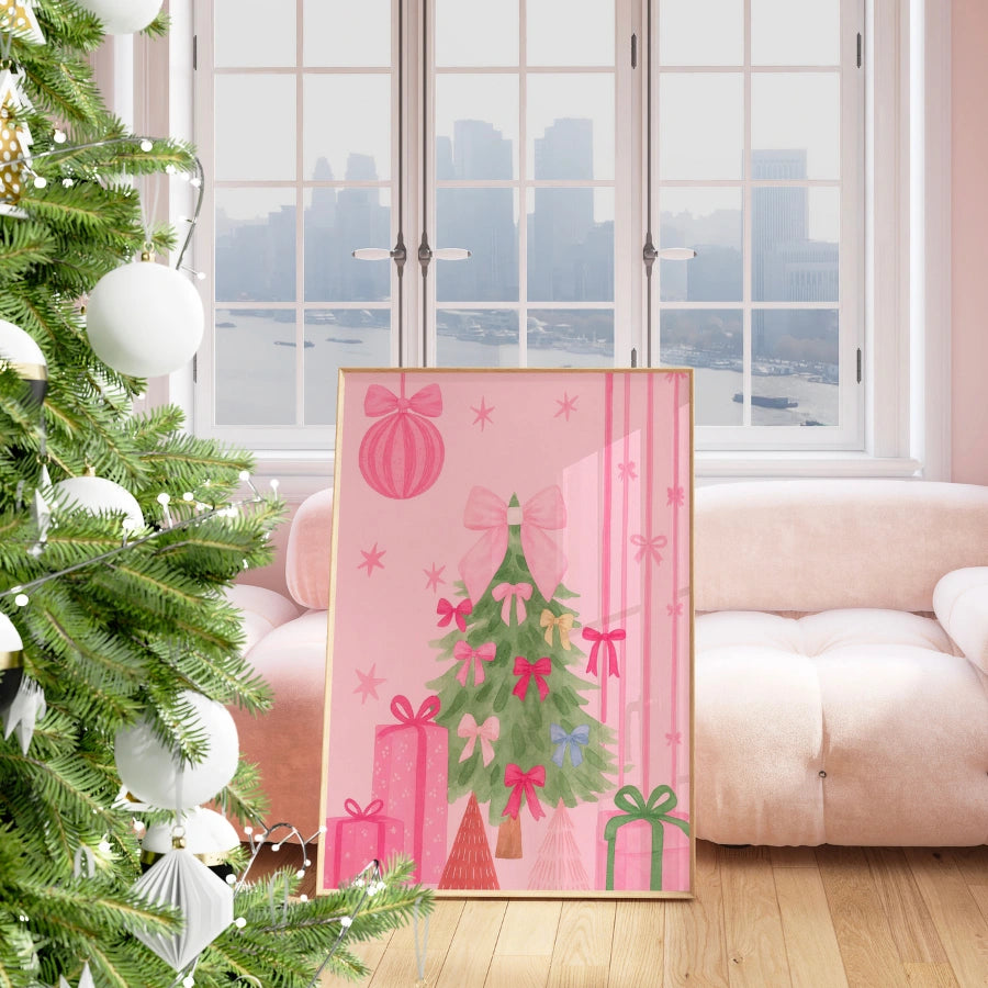 Pink Christmas Tree – Cute Holiday Wall Art with Bows and Gifts