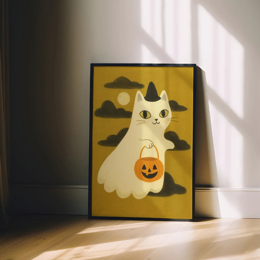 Ghost Cat Halloween Print – Cute Witch Kitty Wall Art