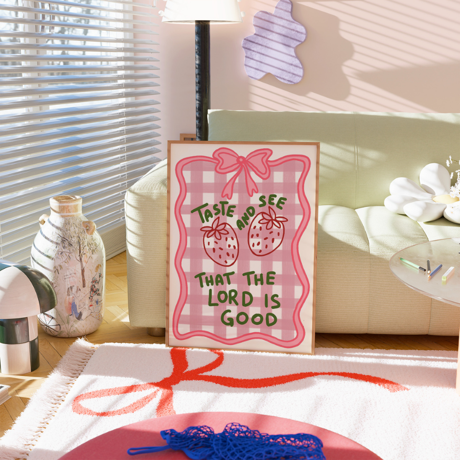 Taste and See Christian Wall Art – Cute Strawberry Bible Verse Print
