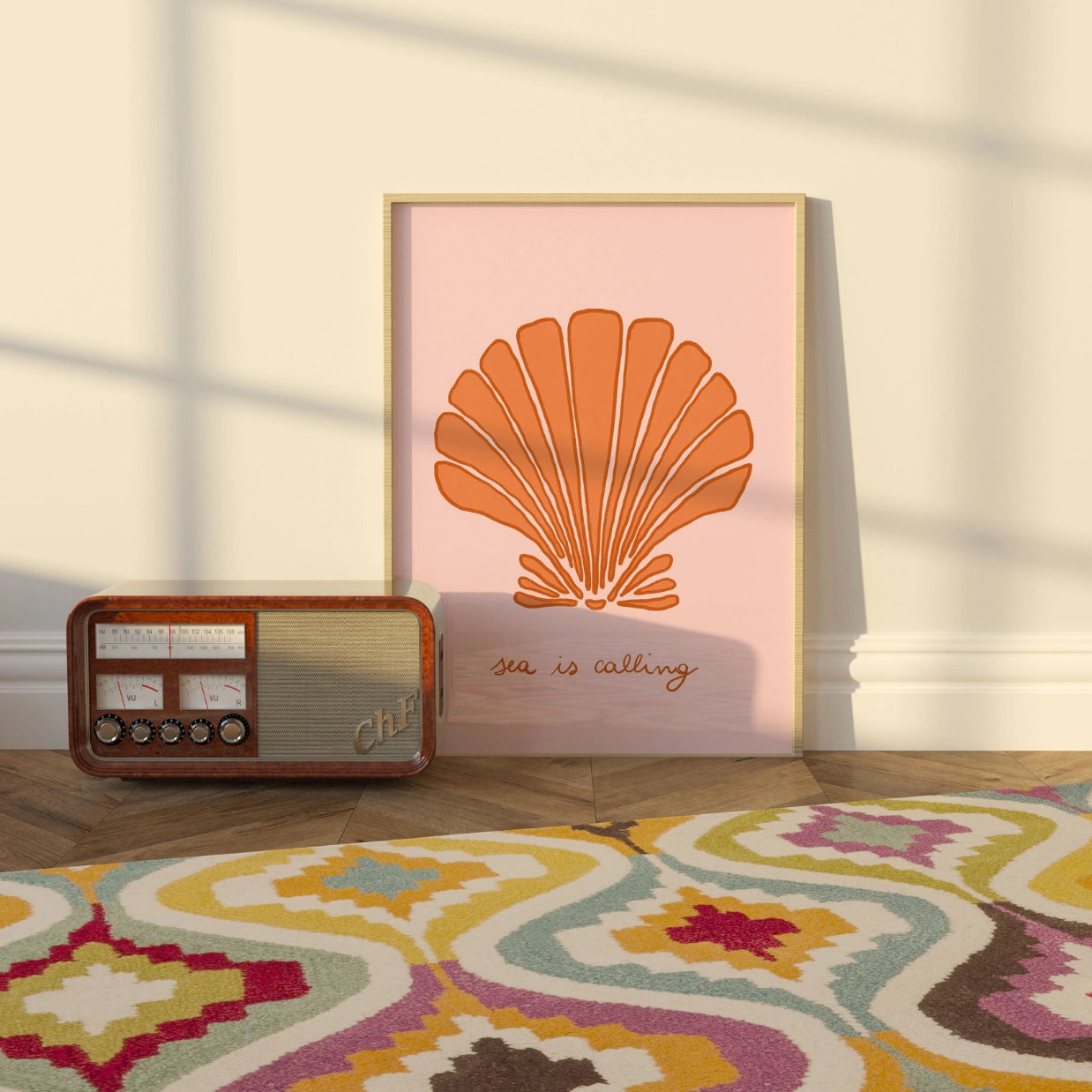 Stampa Sea Is Calling – Decorazione murale con conchiglie in rosa e arancione